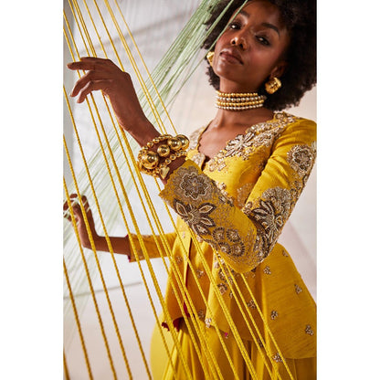 Anu Pellakuru Mustard Suhana Embroidered Peplum Top with Pant (Set of 2)