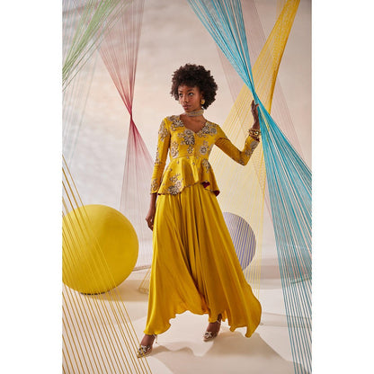 Anu Pellakuru Mustard Suhana Embroidered Peplum Top with Pant (Set of 2)