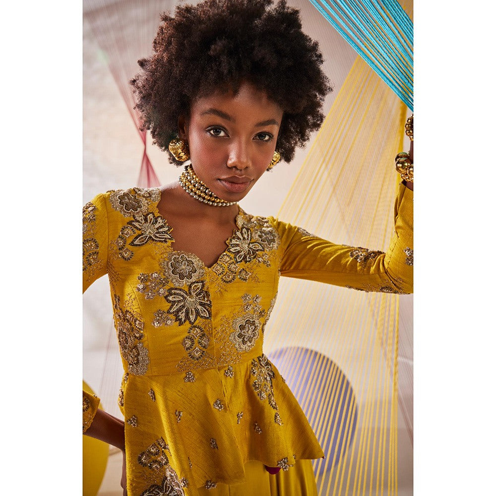 Anu Pellakuru Mustard Suhana Embroidered Peplum Top with Pant (Set of 2)