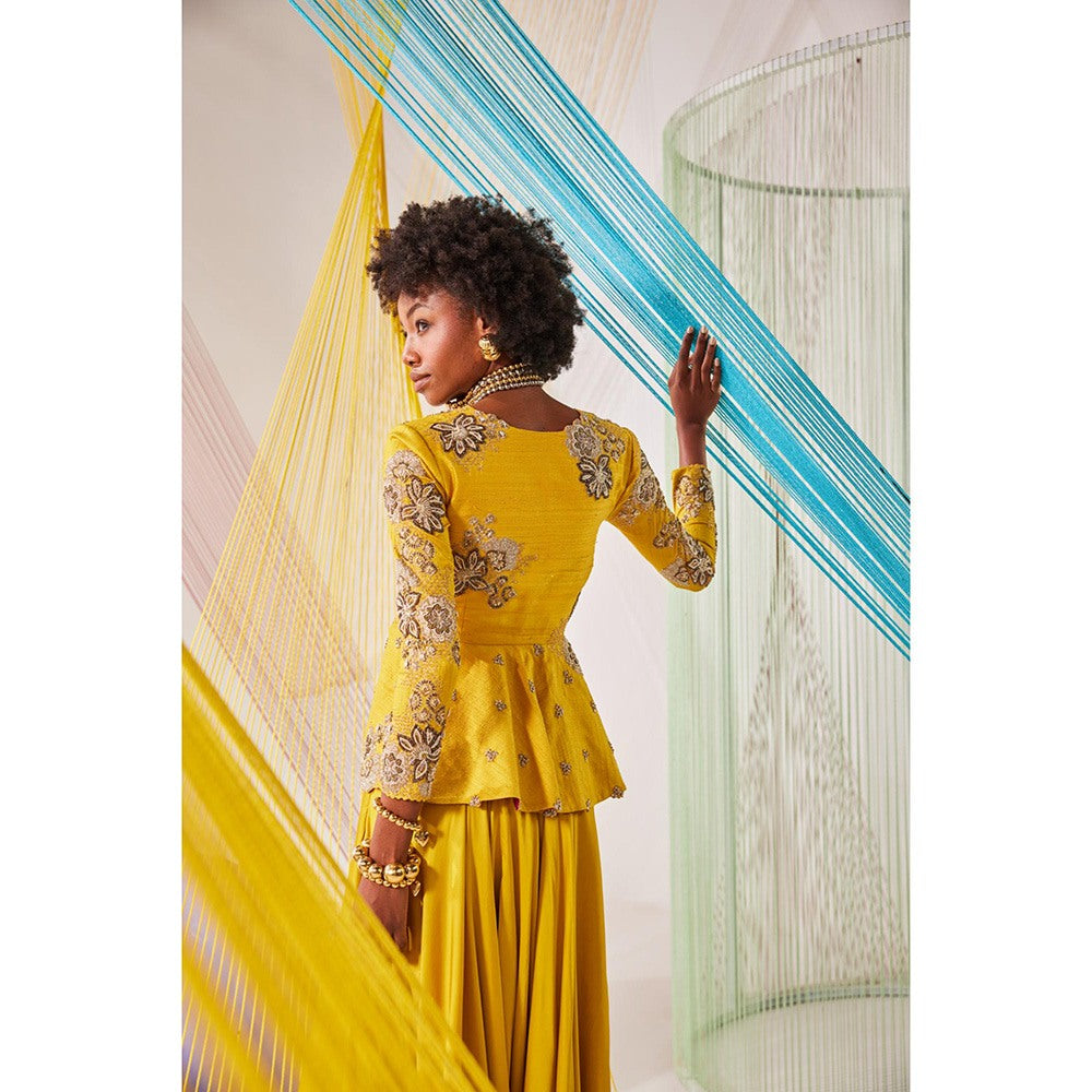 Anu Pellakuru Mustard Suhana Embroidered Peplum Top with Pant (Set of 2)