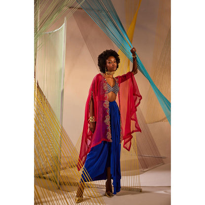 Anu Pellakuru Zaraah Embroidered Crop Top and Drape Skirt with Cape (Set of 3)