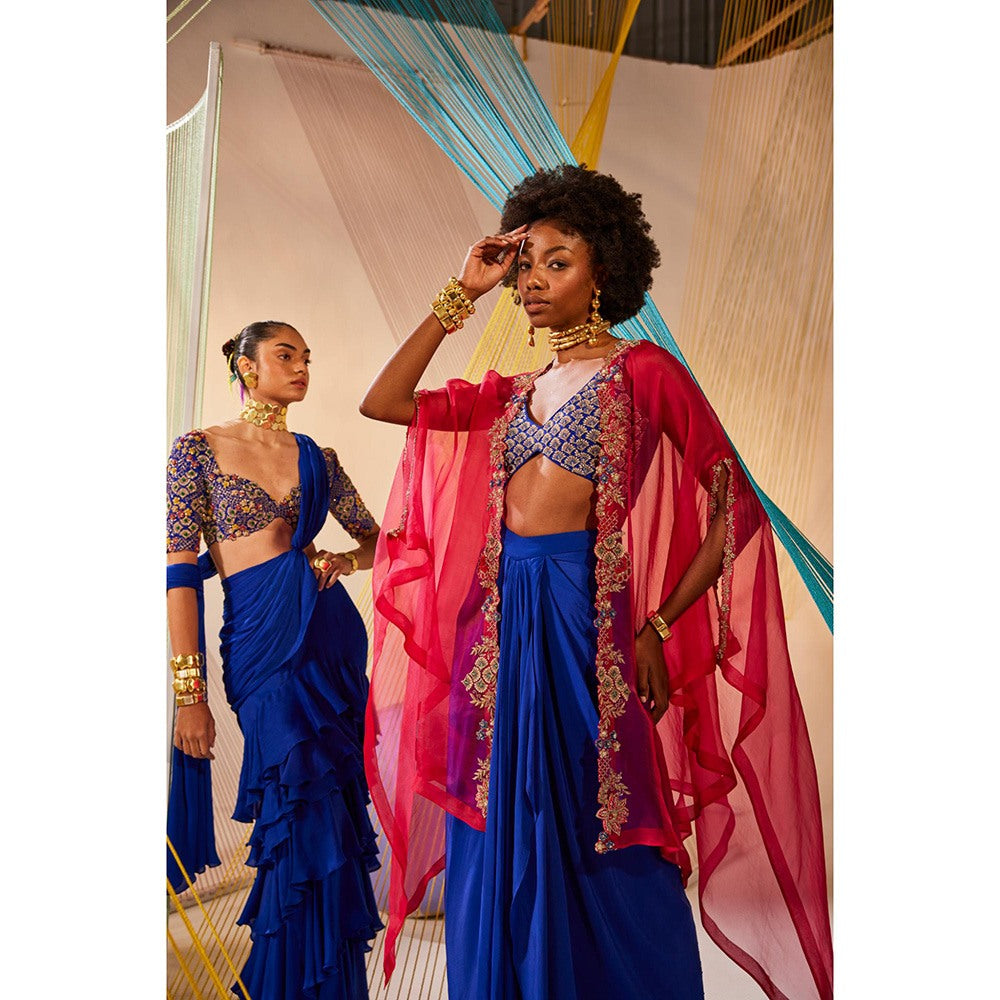 Anu Pellakuru Zaraah Embroidered Crop Top and Drape Skirt with Cape (Set of 3)