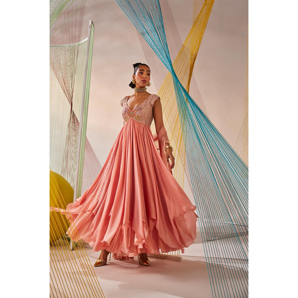 Anu Pellakuru Peach Myra Embroidered Anarkali and Dupatta (Set of 2)