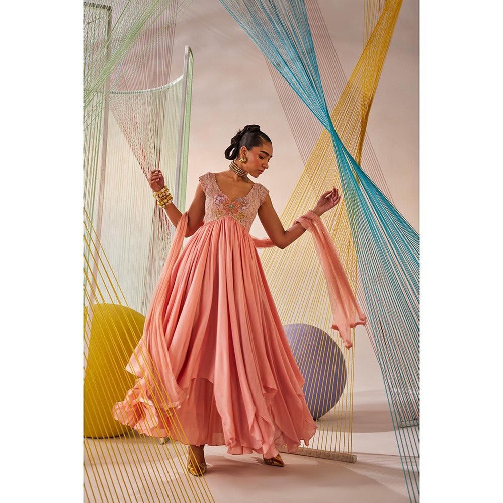 Anu Pellakuru Peach Myra Embroidered Anarkali and Dupatta (Set of 2)