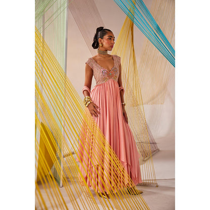 Anu Pellakuru Peach Myra Embroidered Anarkali and Dupatta (Set of 2)