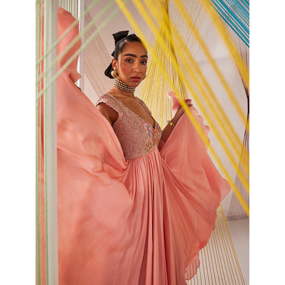 Anu Pellakuru Peach Myra Embroidered Anarkali and Dupatta (Set of 2)