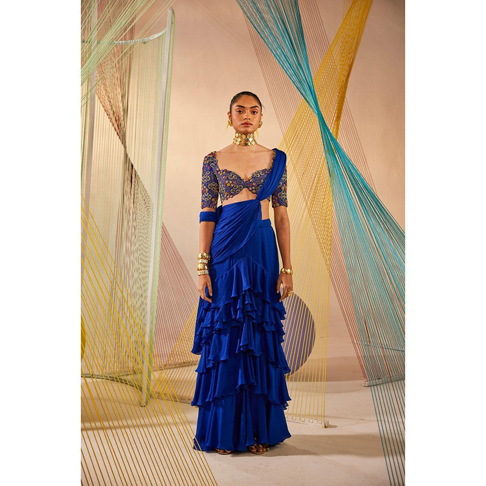Anu Pellakuru Blue Kiara Ruffled Pre Drape Saree with Stitched Blouse