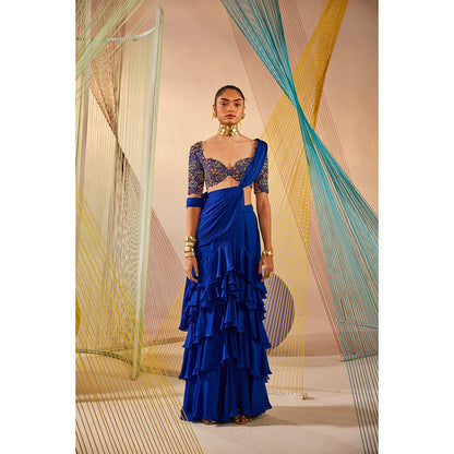 Anu Pellakuru Blue Kiara Ruffled Pre Drape Saree with Stitched Blouse