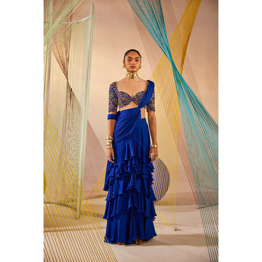 Anu Pellakuru Blue Kiara Ruffled Pre Drape Saree with Stitched Blouse