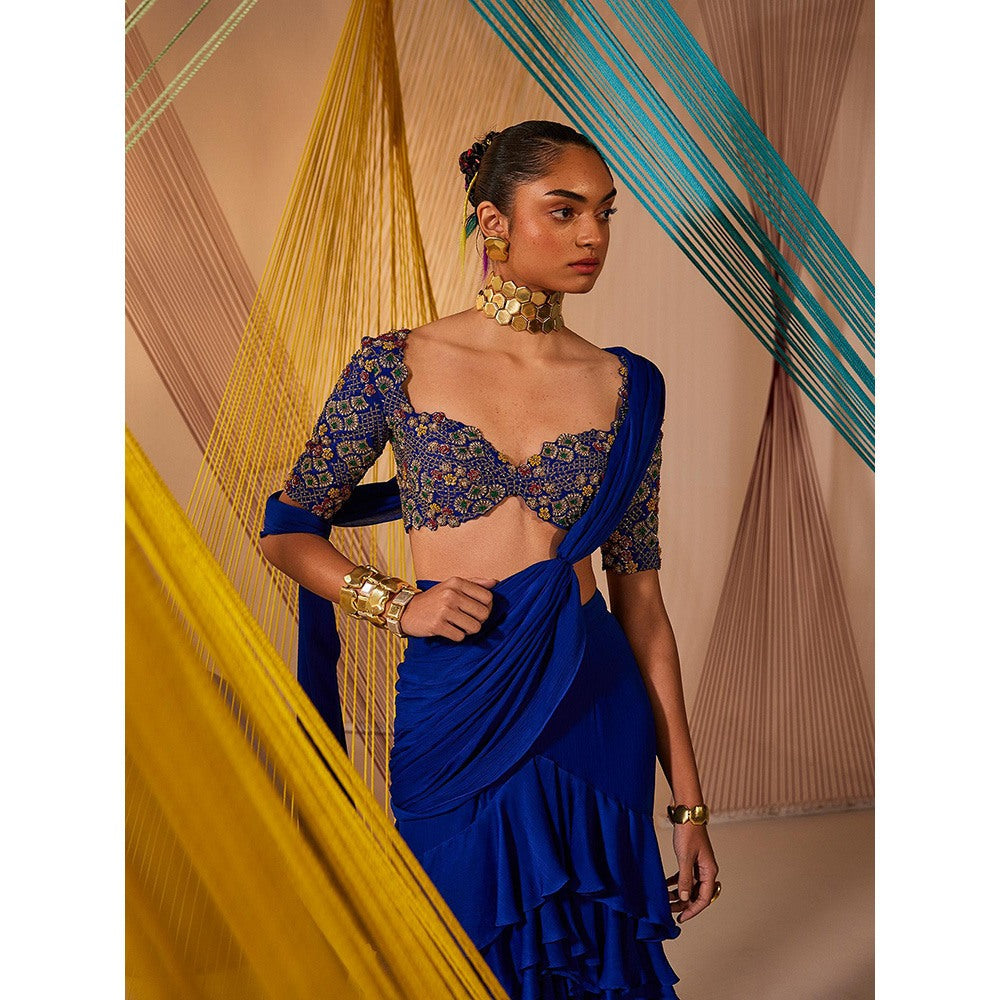 Anu Pellakuru Blue Kiara Ruffled Pre Drape Saree with Stitched Blouse