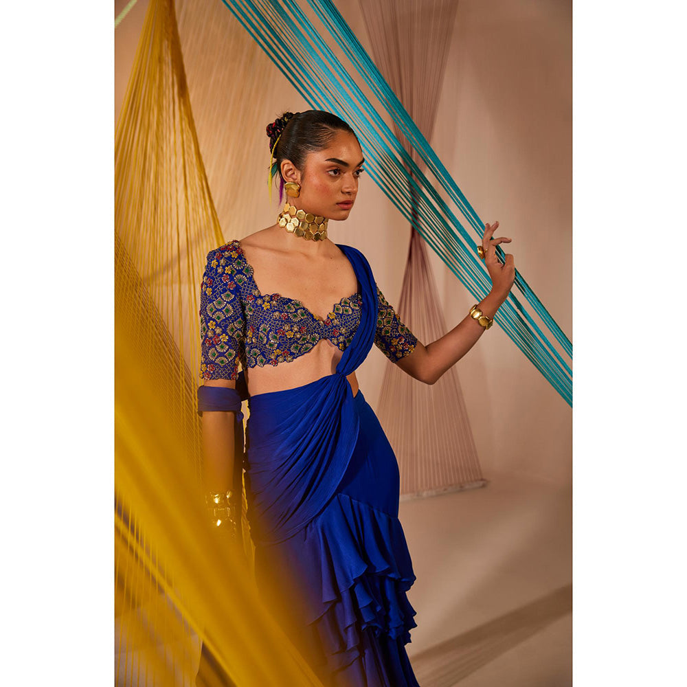 Anu Pellakuru Blue Kiara Ruffled Pre Drape Saree with Stitched Blouse