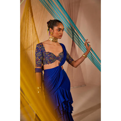 Anu Pellakuru Blue Kiara Ruffled Pre Drape Saree with Stitched Blouse