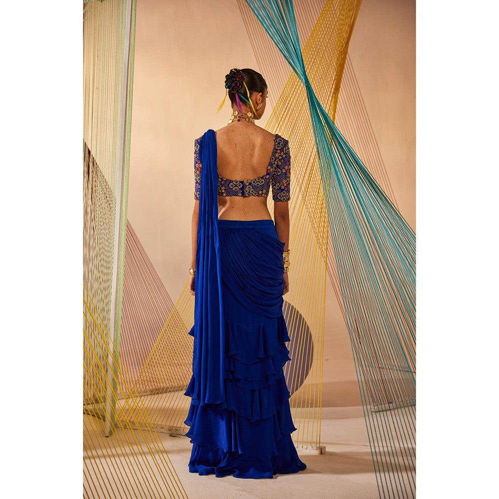 Anu Pellakuru Blue Kiara Ruffled Pre Drape Saree with Stitched Blouse
