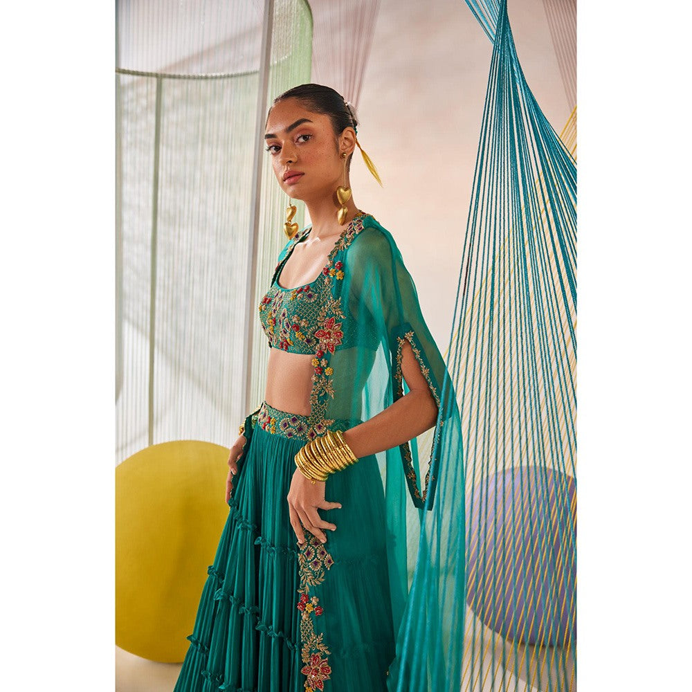 Anu Pellakuru Teal Riya Embroidered Lehenga with Cape and Blouse (Set of 3)