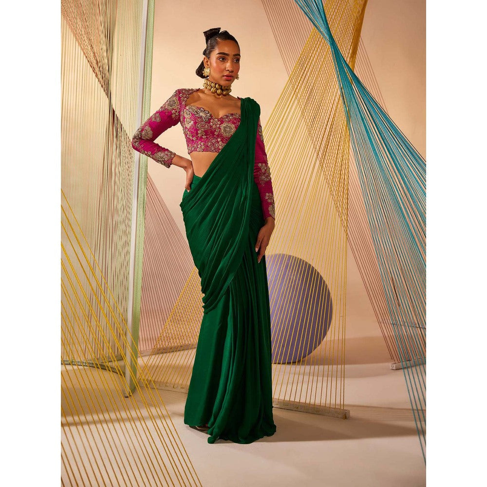 Anu Pellakuru Green Saloni Solid Pre Drape Saree with Stitched Blouse