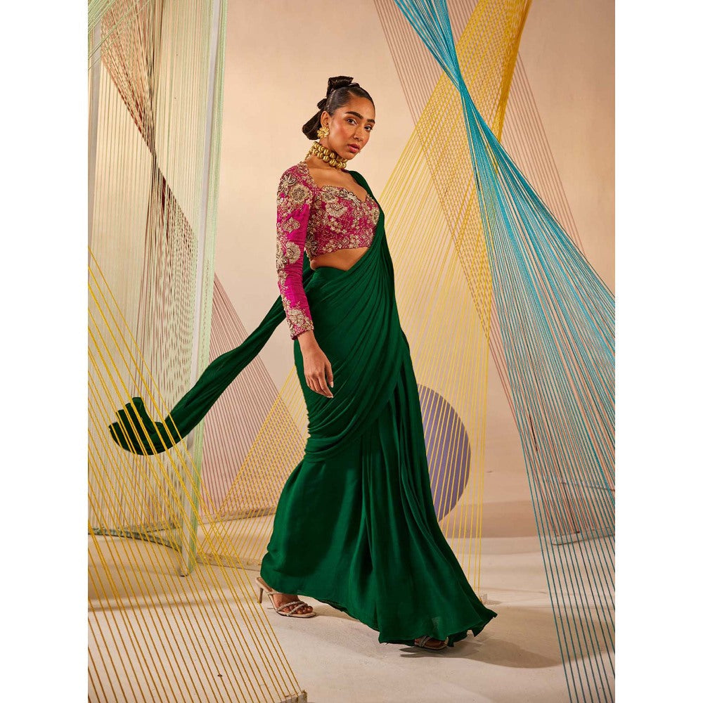 Anu Pellakuru Green Saloni Solid Pre Drape Saree with Stitched Blouse
