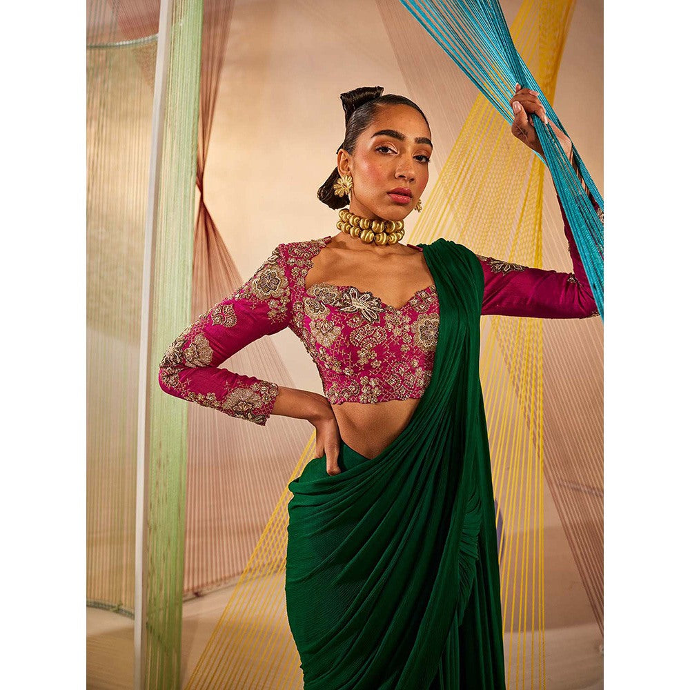 Anu Pellakuru Green Saloni Solid Pre Drape Saree with Stitched Blouse