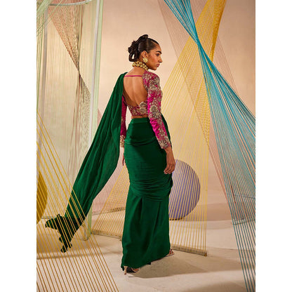 Anu Pellakuru Green Saloni Solid Pre Drape Saree with Stitched Blouse