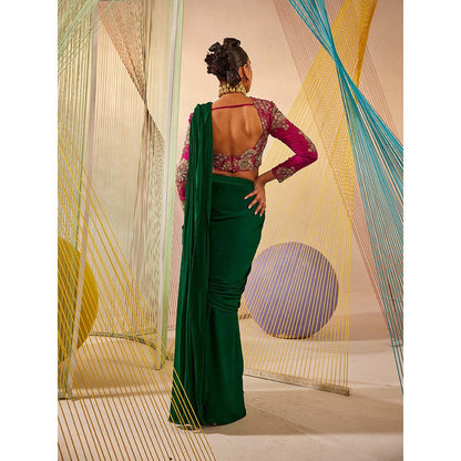 Anu Pellakuru Green Saloni Solid Pre Drape Saree with Stitched Blouse