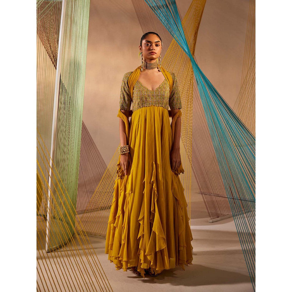 Anu Pellakuru Mustard Aina Embroidered Anarkali and Dupatta (Set of 2)