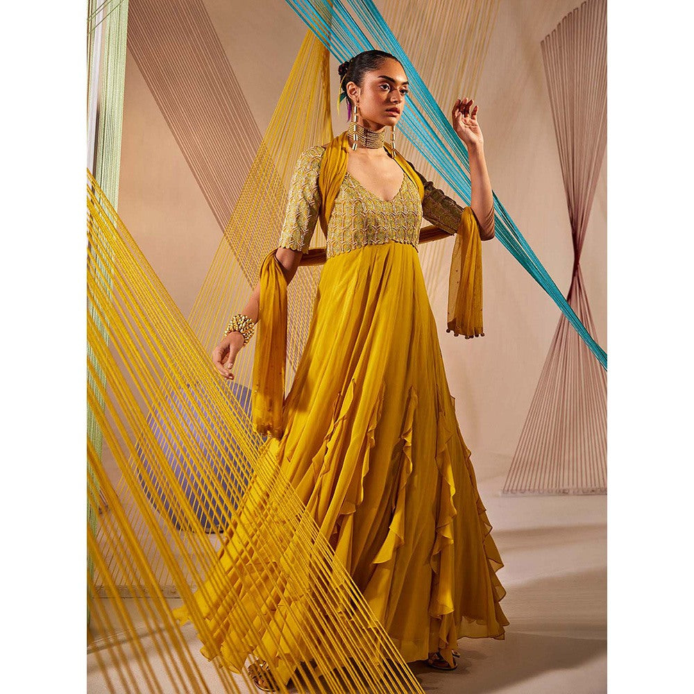 Anu Pellakuru Mustard Aina Embroidered Anarkali and Dupatta (Set of 2)
