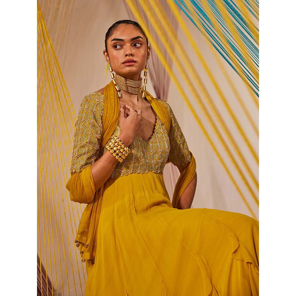 Anu Pellakuru Mustard Aina Embroidered Anarkali and Dupatta (Set of 2)