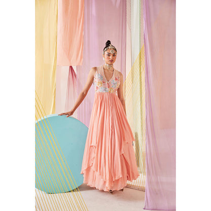 Anu Pellakuru Peach Anaisa Embroidered V Neck Dress