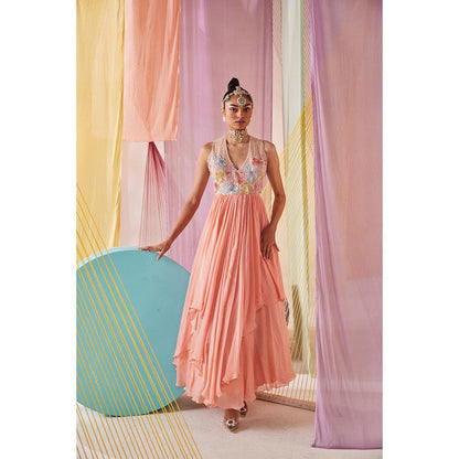 Anu Pellakuru Peach Anaisa Embroidered V Neck Dress