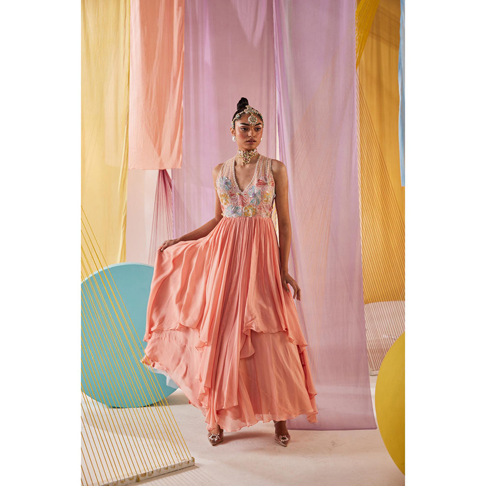 Anu Pellakuru Peach Anaisa Embroidered V Neck Dress