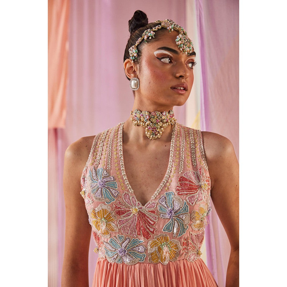 Anu Pellakuru Peach Anaisa Embroidered V Neck Dress