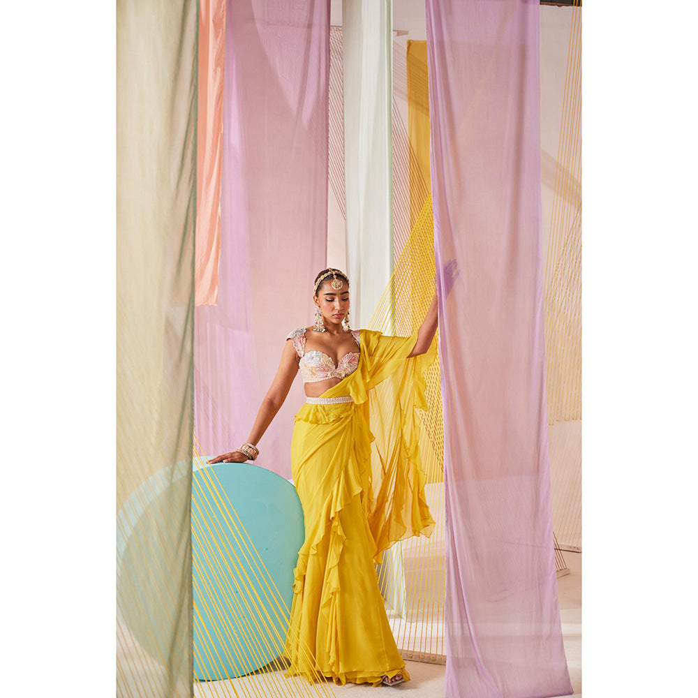 Anu Pellakuru Yellow Maeva Pre Drape Saree with Stitched Blouse and Belt