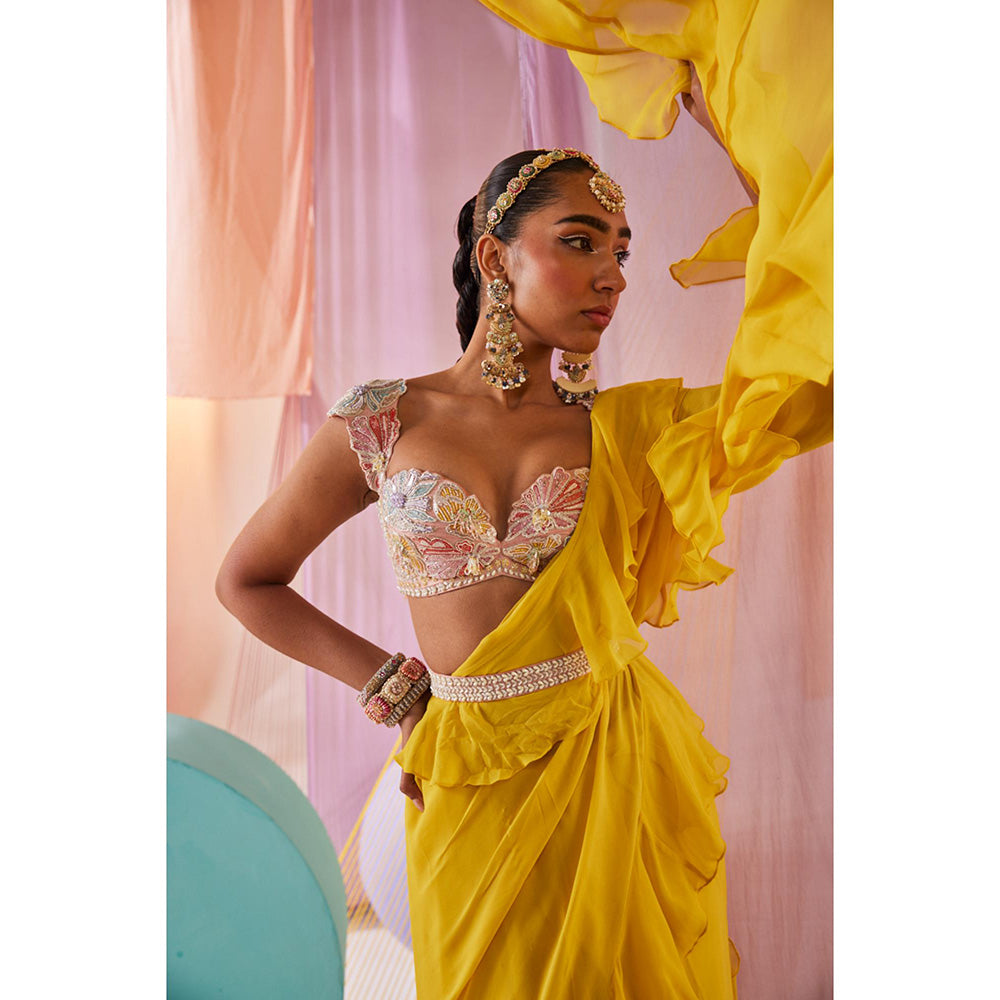 Anu Pellakuru Yellow Maeva Pre Drape Saree with Stitched Blouse and Belt