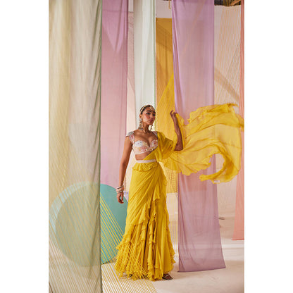 Anu Pellakuru Yellow Maeva Pre Drape Saree with Stitched Blouse and Belt