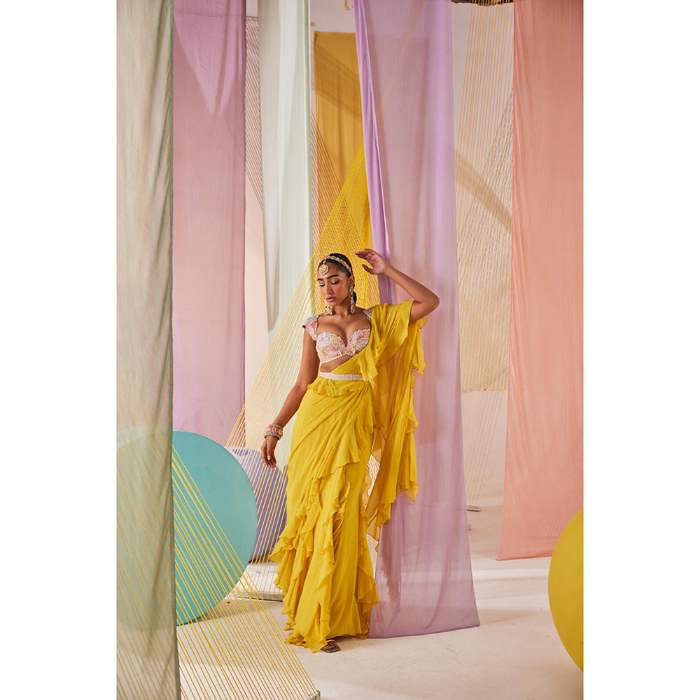 Anu Pellakuru Yellow Maeva Pre Drape Saree with Stitched Blouse and Belt