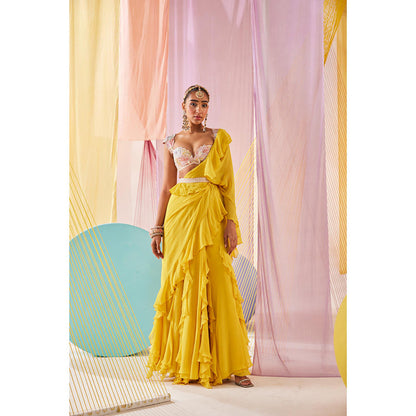 Anu Pellakuru Yellow Maeva Pre Drape Saree with Stitched Blouse and Belt