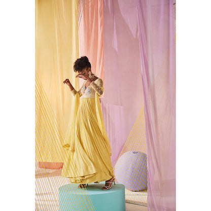Anu Pellakuru Yellow Iris Embroidered Anarkali and Dupatta (Set of 2)