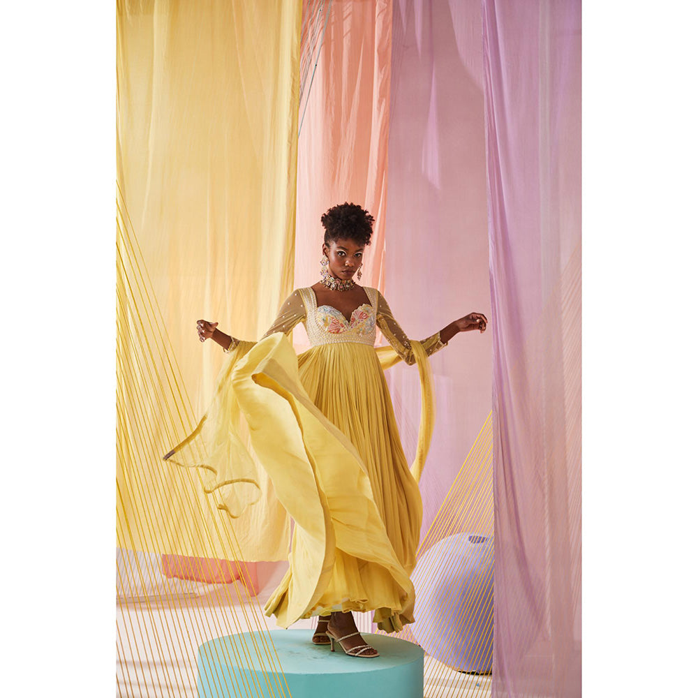 Anu Pellakuru Yellow Iris Embroidered Anarkali and Dupatta (Set of 2)