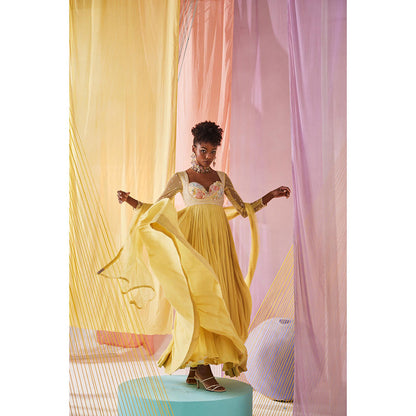Anu Pellakuru Yellow Iris Embroidered Anarkali and Dupatta (Set of 2)