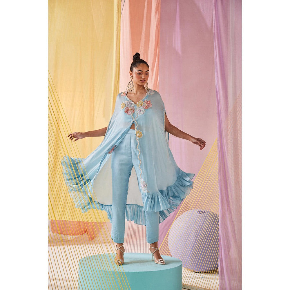 Anu Pellakuru Blue Saara Embroidered Jacket with Bustier and Pant (Set of 3)