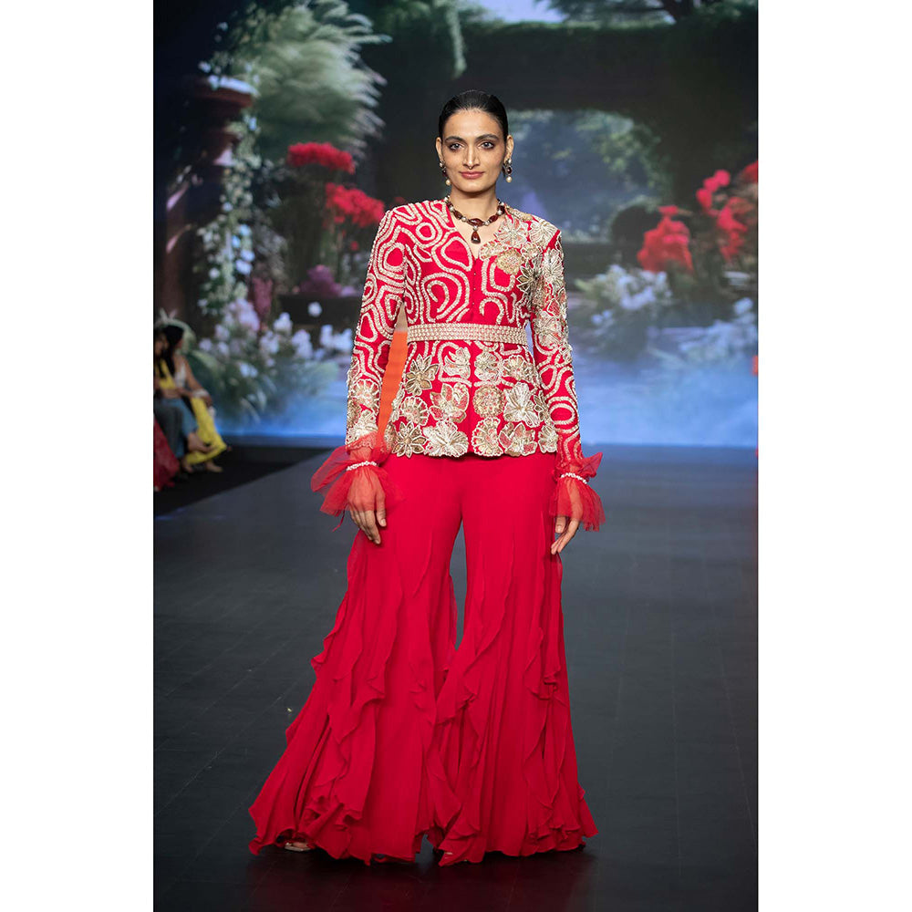 Anu Pellakuru Mira Ruffled Embroidered Jacket with Palazzo and Belt (Set of 3)