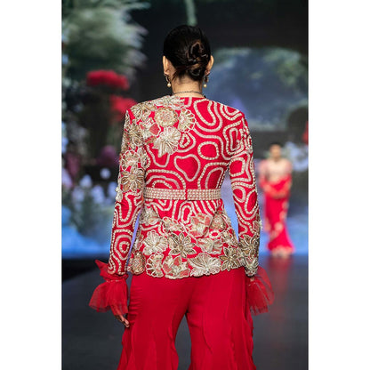 Anu Pellakuru Mira Ruffled Embroidered Jacket with Palazzo and Belt (Set of 3)
