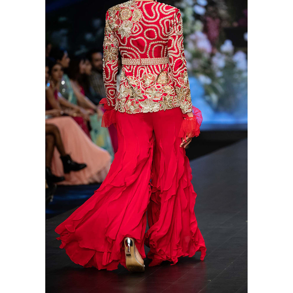 Anu Pellakuru Mira Ruffled Embroidered Jacket with Palazzo and Belt (Set of 3)