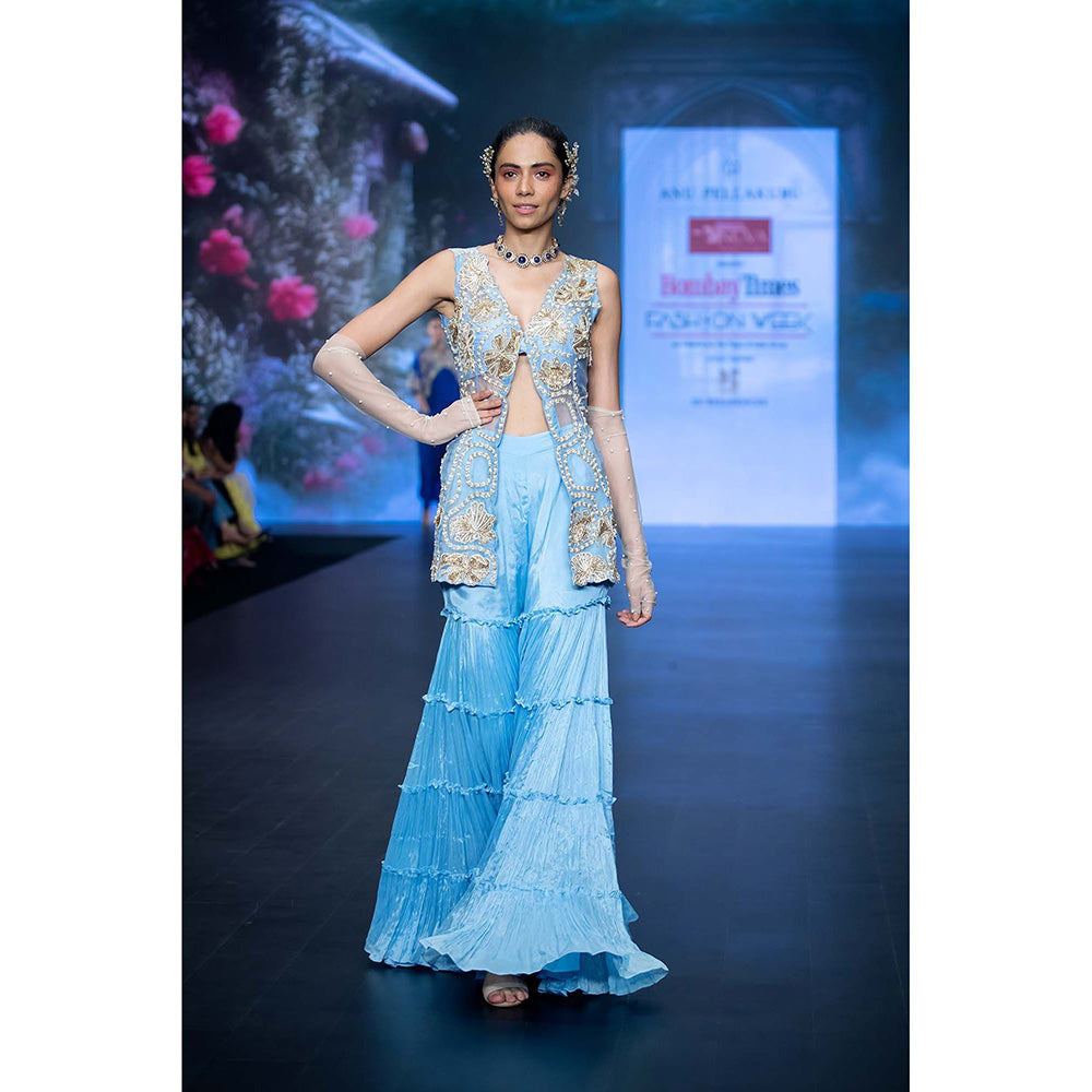Anu Pellakuru Blue Mrdvi Embroidered Jacket with Bustier and Sharara (Set of 3)