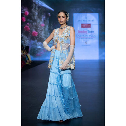 Anu Pellakuru Blue Mrdvi Embroidered Jacket with Bustier and Sharara (Set of 3)