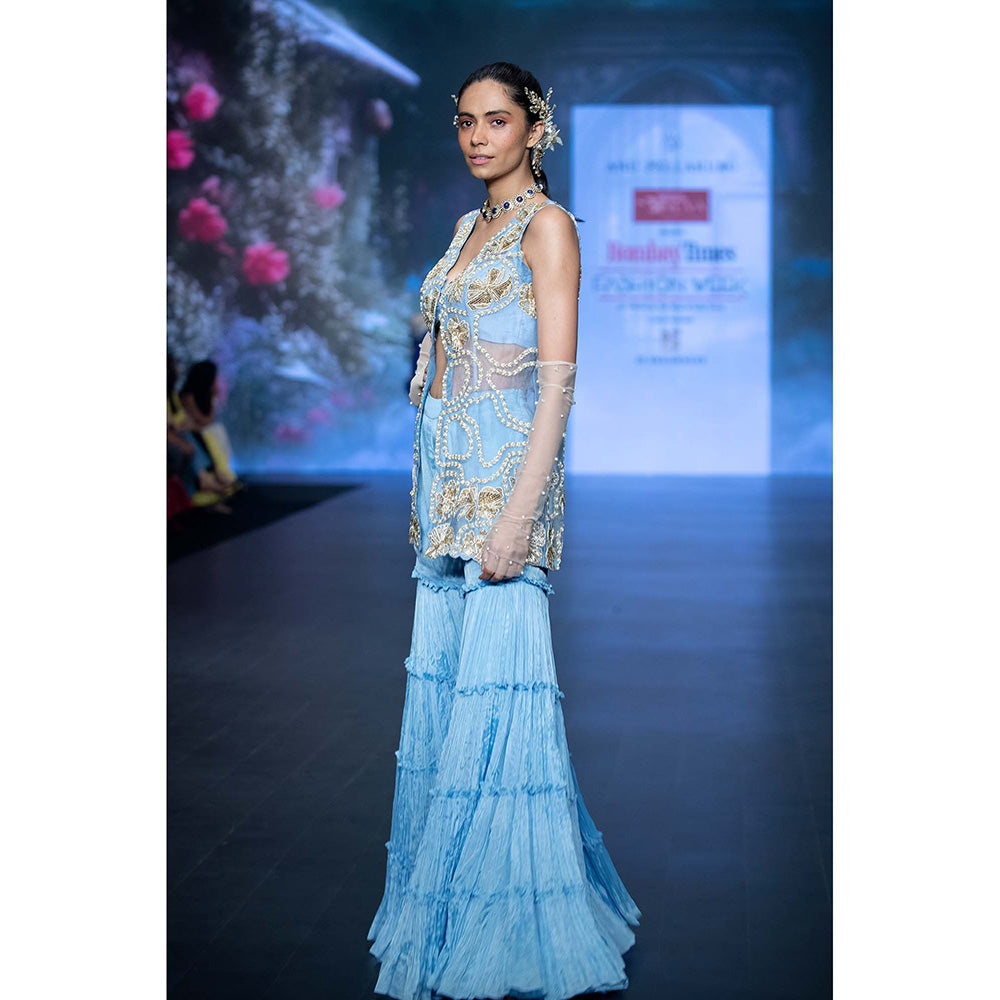 Anu Pellakuru Blue Mrdvi Embroidered Jacket with Bustier and Sharara (Set of 3)