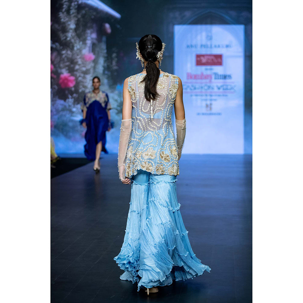 Anu Pellakuru Blue Mrdvi Embroidered Jacket with Bustier and Sharara (Set of 3)