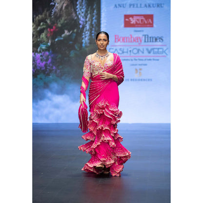 Anu Pellakuru Pink Tarani Pre-Draped Saree with Stitched Blouse