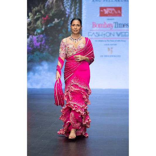 Anu Pellakuru Pink Tarani Pre-Draped Saree with Stitched Blouse