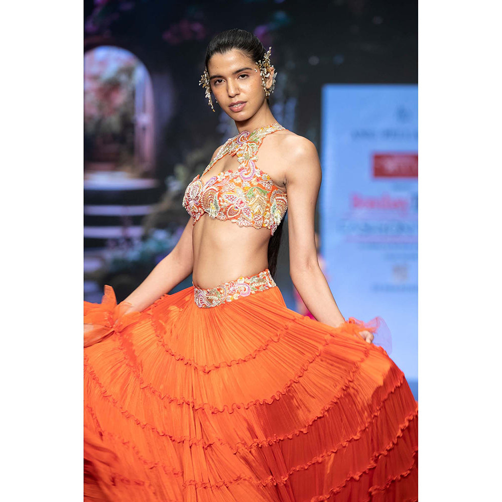 Anu Pellakuru Orange Ramhi Embroidered Lehenga with Blouse (Set of 2)