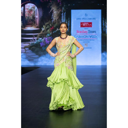 Anu Pellakuru Green Kuha Pre-Draped Saree with Stitched Blouse